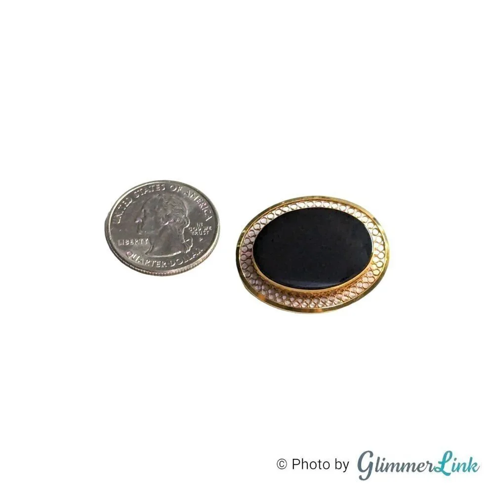 Vintage Danecraft 12KT Gold Filled Onyx Oval Filigree Brooch Pin
